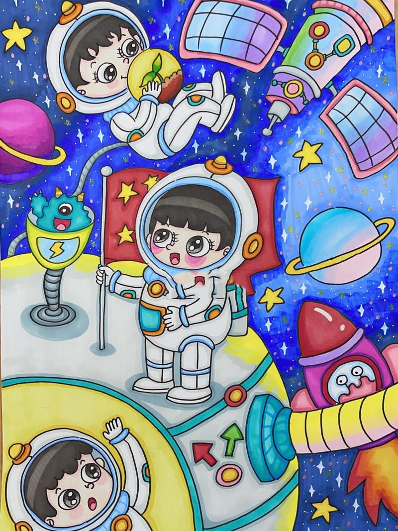 【吖丫乐手绘】中国空间站外太空主题儿童画 有线稿 绘柏