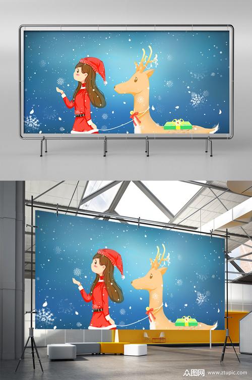 圣诞女孩与麋鹿简约手绘插画
