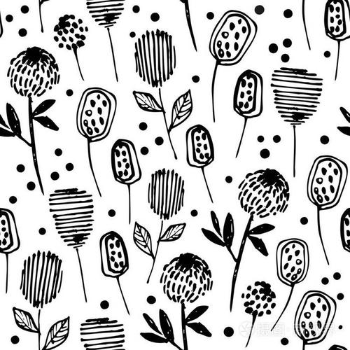简单的植物模式.织物和纺织线条艺术.黑白风格