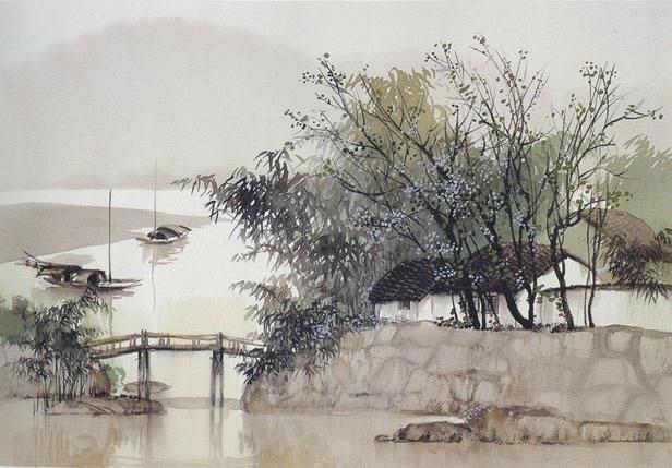 小桥流水人家,河畔乡村风景水墨画图片素材