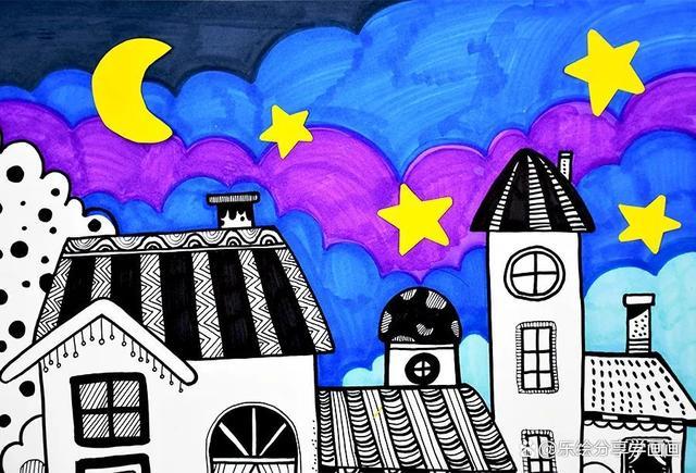 儿童画教程|儿童线描画美术教案——星空下的小房子