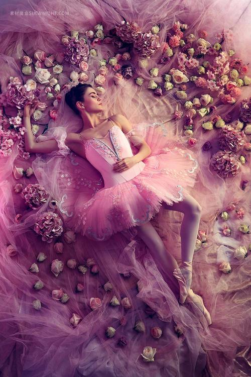 甜蜜的梦-美丽的年轻女子在花包围的粉红色的芭蕾舞短裙的顶视图-珊瑚