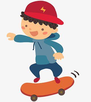 卡通手绘玩滑板戴帽子的男孩