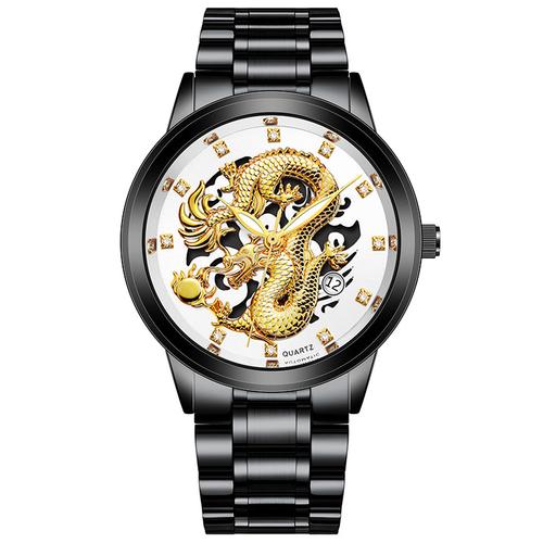 中国风金色浮雕钢带男士手表 非机械中国龙单历男士商务手表watch