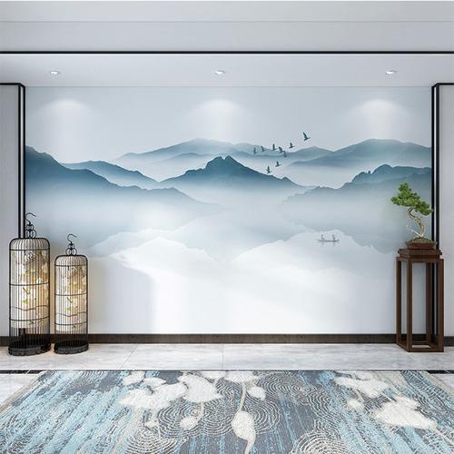 电视墙背景墙山水画壁画装饰客厅壁纸3d抽象水墨山水简约艺术墙布