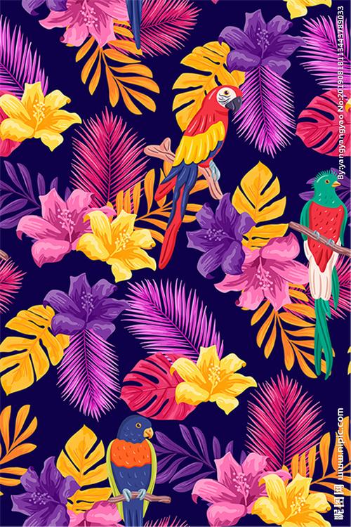 手绘热带植物花鸟服装印花图案素图片