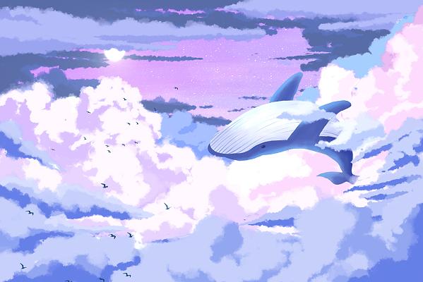 唯美插画蓝鲸鲸鱼手绘背景蓝紫色梦幻星空二次元天空云朵唯美插画风景