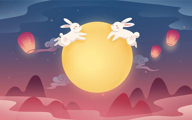 粉色卡通中秋节兔子天灯背景插画