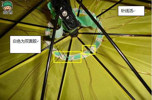 将中心圈放置好后,以雨伞轮辐钢丝为中心在两边布置两条led灯条