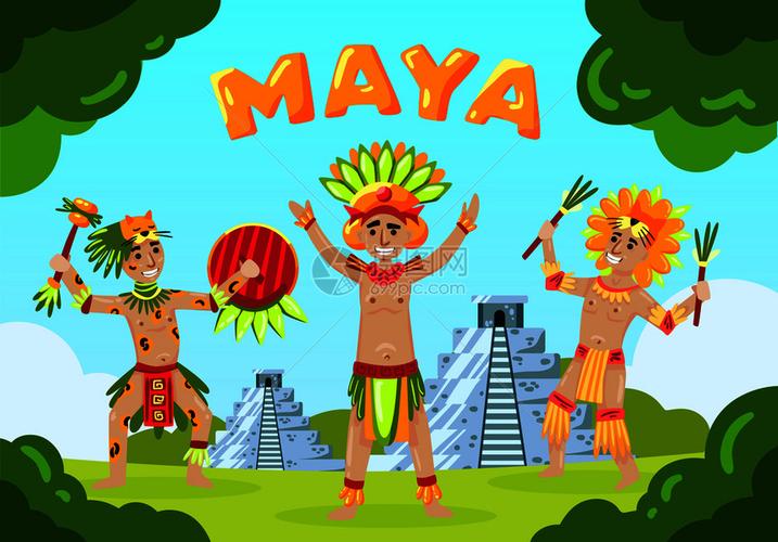 玛雅文明景观构图与文字卡通风格玛雅部落成员前的金字塔矢量插图