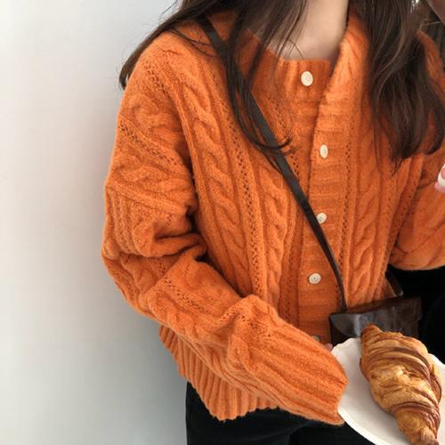 毛针织衫复古麻花编织宽松橘色外穿毛衣短款外套女针织上衣女开衫