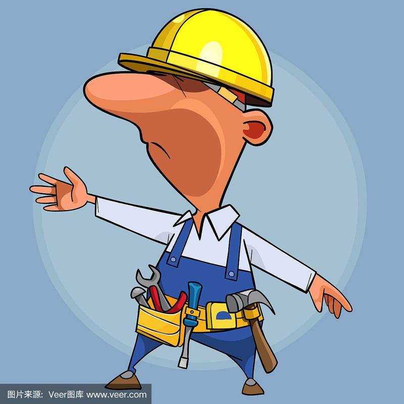 卡通男建筑工人戴着头盔,系着皮带
