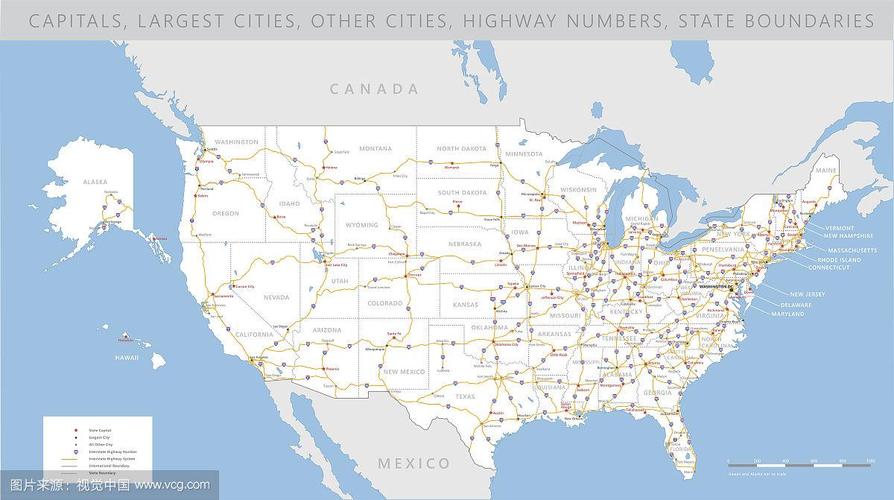 高详细的美国道路地图矢量