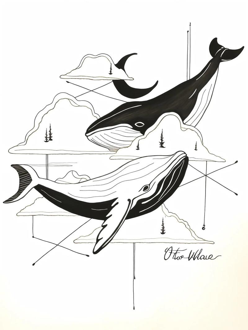 这是一幅黑白简笔画,画的是一只鲸鱼在穿梭云中游动的场景.
