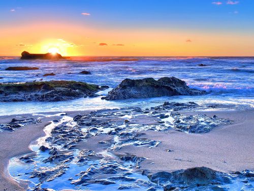 海,海岸,岩石,波,日出,黎明 壁纸