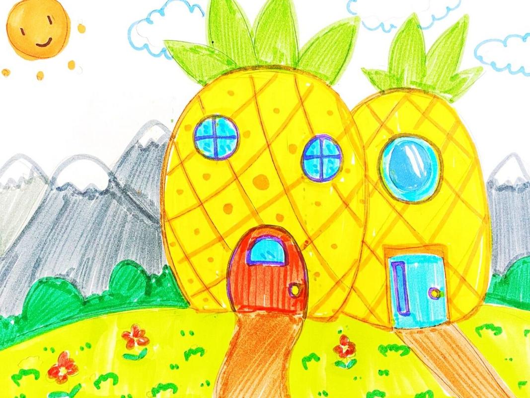 水果房子儿童画 #马克笔# #儿童画# #卡通画# #水果房子##菠萝房子