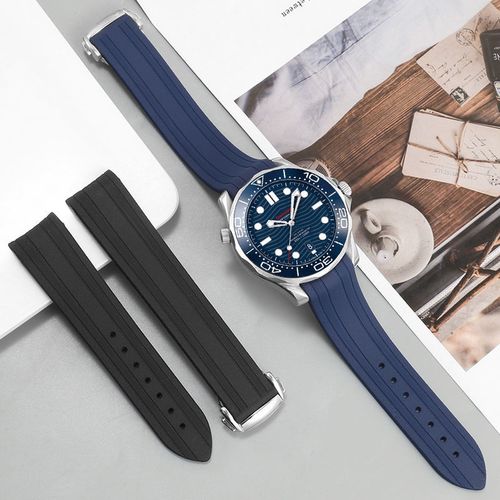 橡胶手表带代用欧米茄海马300弧口折叠扣蓝色硅胶表带20mm非原装