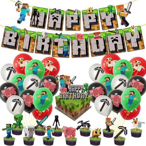 我的世界minecraft拉旗气球蛋糕插牌像素游戏生日派对装饰用品