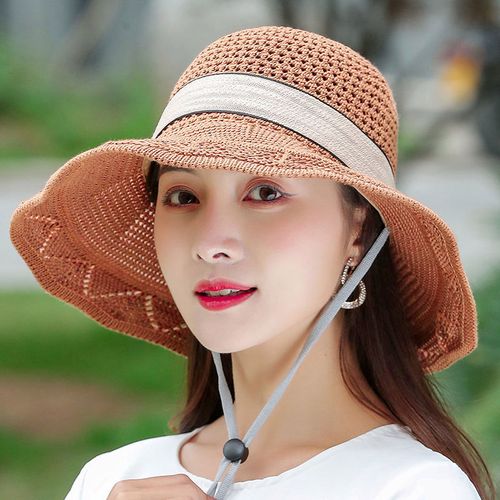 新款花边格子女式帽子夏款纯色四季大盆帽遮阳防晒帽折叠太阳.