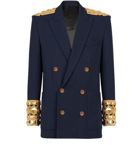 外套|navy twill blazer with double-breasted buttoned fastening
