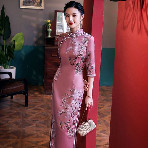 中袖旗袍长款钻石丝侧八扣改良版复古中国风气质优雅修身女连衣裙