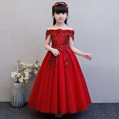 公主裙女童婚纱女孩红色一字肩长裙儿童主持人钢琴演出服花童礼