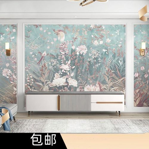 3d美式植物花朵2021年新款电视机背景墙壁画客厅定制壁布墙画墙布