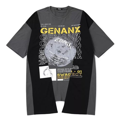 正品授权genanx拼色星球满印宽松纯棉短袖t恤嘻哈男女同款黑灰色