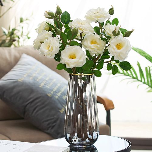 轻奢ins风竖楞玻璃花瓶透明金口创意水培鲜花玫瑰插花器摆件客厅