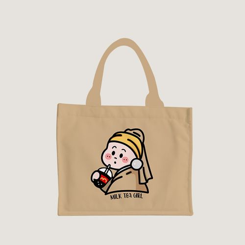 喝珍珠奶茶的原田女孩卡通可爱帆布包包女上班族手拎袋杂物包定制