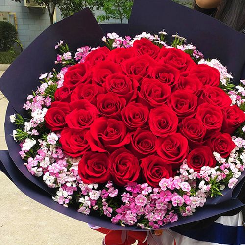 幸福花儿33朵红玫瑰花束相思梅花搭配热恋相爱上海实体本地花店