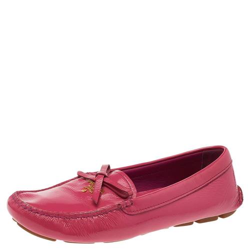 普拉达prada女款单鞋|pink patent leather bow slip on loafers size