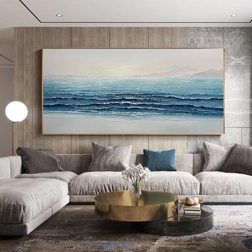 纯手绘油画客厅横版挂画沙发背景墙装饰画蓝色大海风景壁画厚肌理