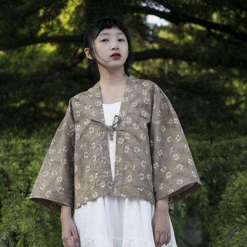 丘山独立设计和风四叶草图案日式系带开衫衬衫棉麻改良和服羽织