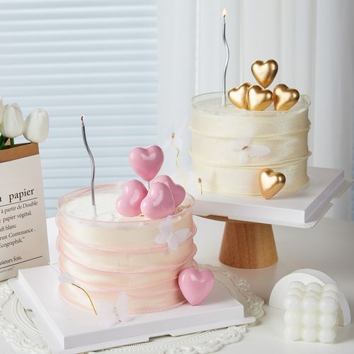 生日蛋糕装饰摆件爱心形状金银球插件粉蓝红色丝带烘焙甜品台配件