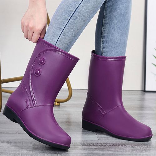 水靴中筒防水鞋雨鞋踩水工作雨靴女夏季胶鞋成人时尚防滑套鞋 紫色