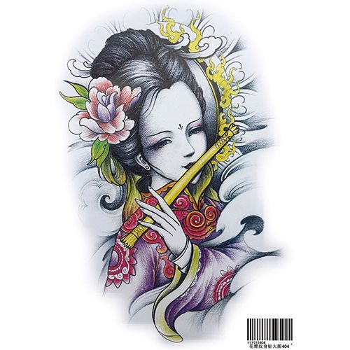 【买一送一】纹身贴防水持久彩色图案美女艺妓吹笛子