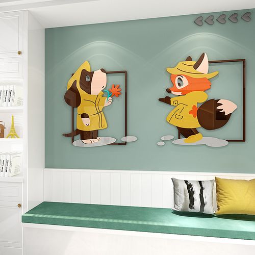 温馨房间相框装饰画餐厅自粘背景墙贴画3d立体墙贴卡通狐狸狗贴纸