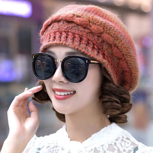 帽子女冬韩版休闲羊毛混纺贝雷帽手工编织毛线帽女加绒保暖针织帽