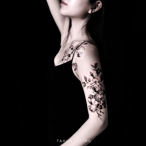 她画 暗黑系玫瑰 花臂纹身贴 大图案素花 防水女持久贴纸文身黑