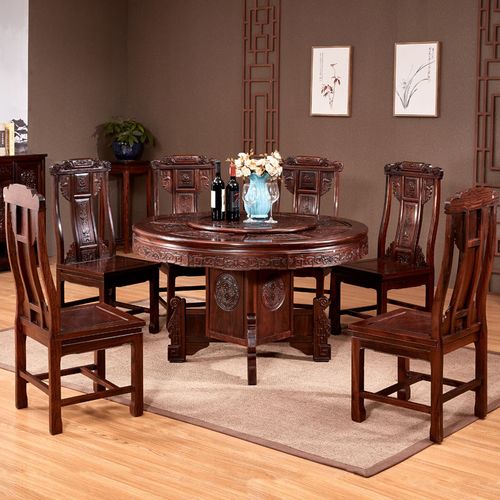 中式红木餐桌椅组合实木圆家具东非酸枝圆桌家用红酸枝木圆形餐桌