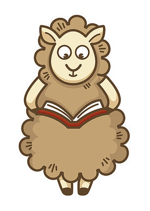 可爱的毛茸茸的羊与卷曲的羊毛看书.家畜在课本上消遣以接受更多教育.