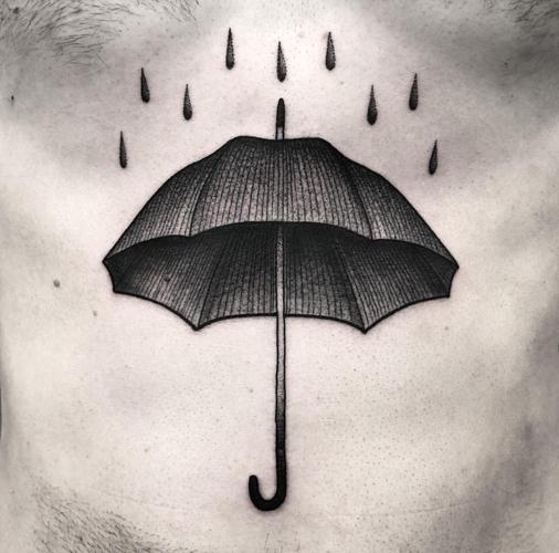 腹部黑灰雨伞纹身图案