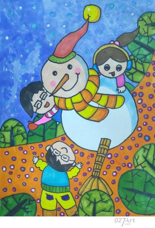 快乐的雪人冬天景色儿童画