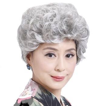 中老年奶奶花白假发女慈祥妈妈短卷发道具表演出老人老太太 米白色 发