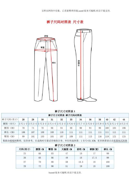 裤子尺码对照表尺寸表尺码对照表