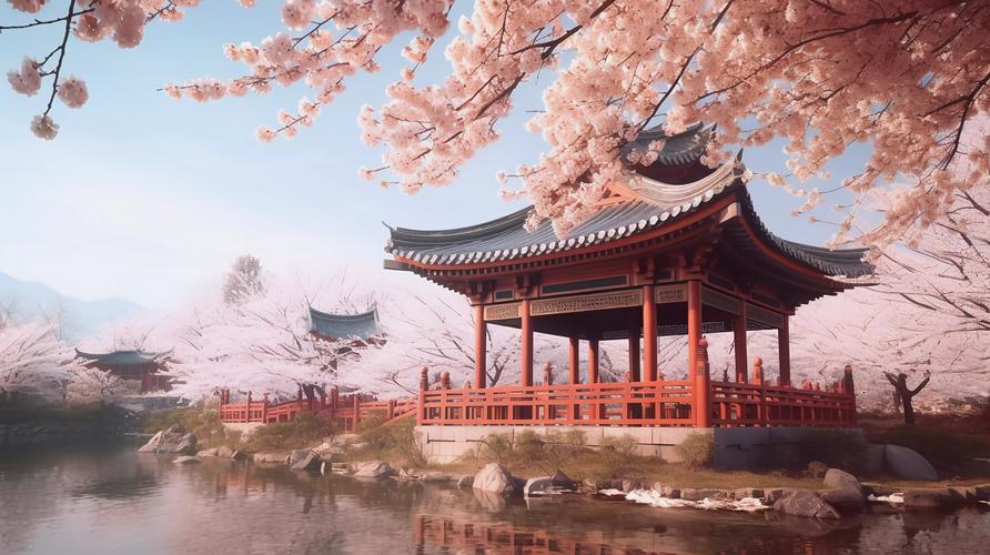 盛开的樱花树樱花飘落与中式园林亭子浪漫风景唯美壁纸