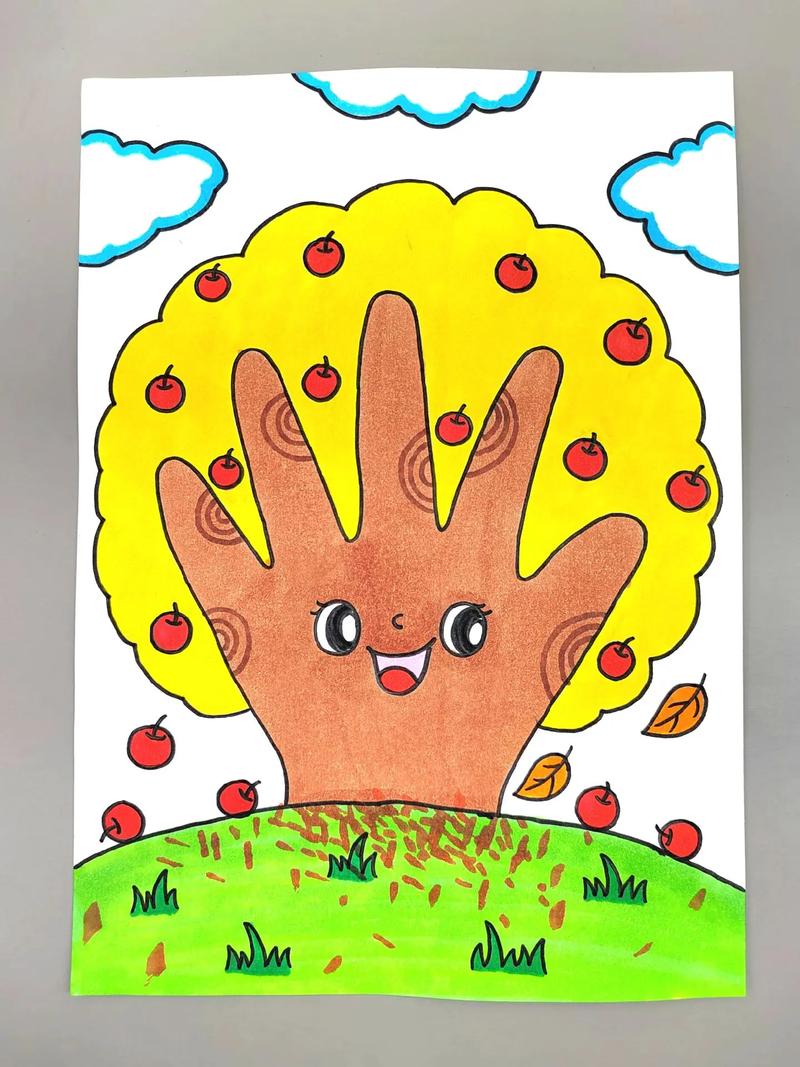 秋天主题画!秋天到了,教你用手掌画秋天的苹果树,简单易学,幼 - 抖音
