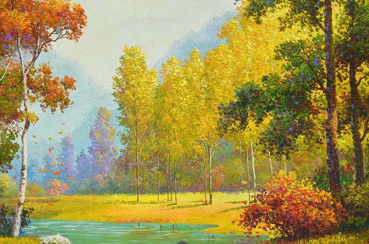 国龄 一级画家《秋景》朝鲜名家油画