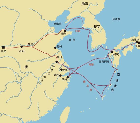 日本遣唐船的航迹地图